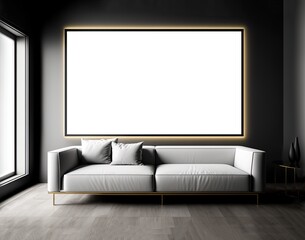 illustration of mock-up wall decor frame is hanging in cozy minimal modern style living room 
