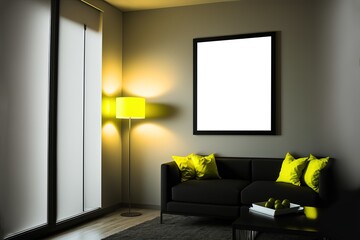 illustration of mock-up wall decor frame is hanging in cozy minimal modern style living room 
