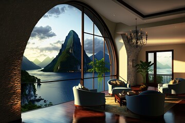 illustration of beautiful seascape view from balcony of hotel or house that has round big window, at living room 