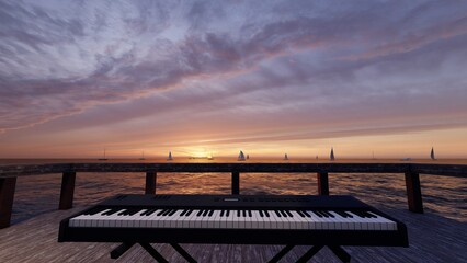 keyboard piano in pier with beautiful sea view
