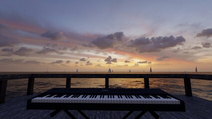 Fototapeta na wymiar keyboard piano in pier with beautiful sea view