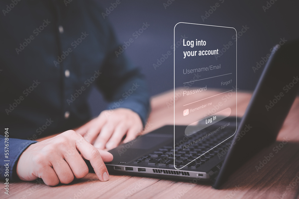 Poster Man protecting personal data on a computer laptop and virtual interface. Cyber security concept to protect data. Secure encryption and access to the user's private information to access the internet.