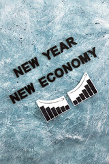 new year new economy text with graphs showing growth stats going down then up again