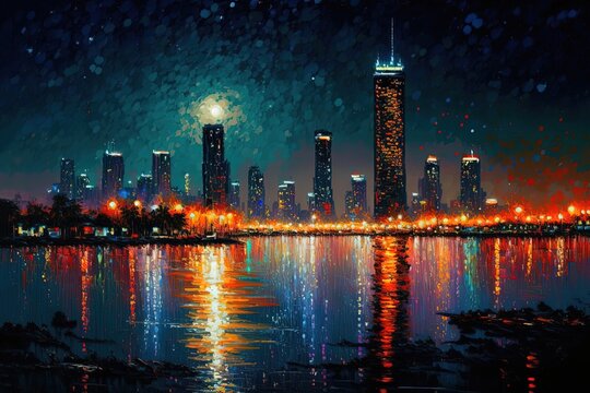 oil painting style illustration of town landscape in night time, Bangkok city, Thailand, 
