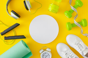 Sports concept. Creative layout made of athletics accessories, headphones and alarm clock on yellow background with card note in the middle. Minimal fitness idea.