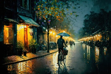 oil painting style illustration of town landscape in night time, Ha Noi, Vietnam