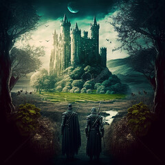Obraz premium In the foreground are the magician merlin and king arthur. The kingdom of camelot and the castle of camelot in the background. Created with Generative AI technology.