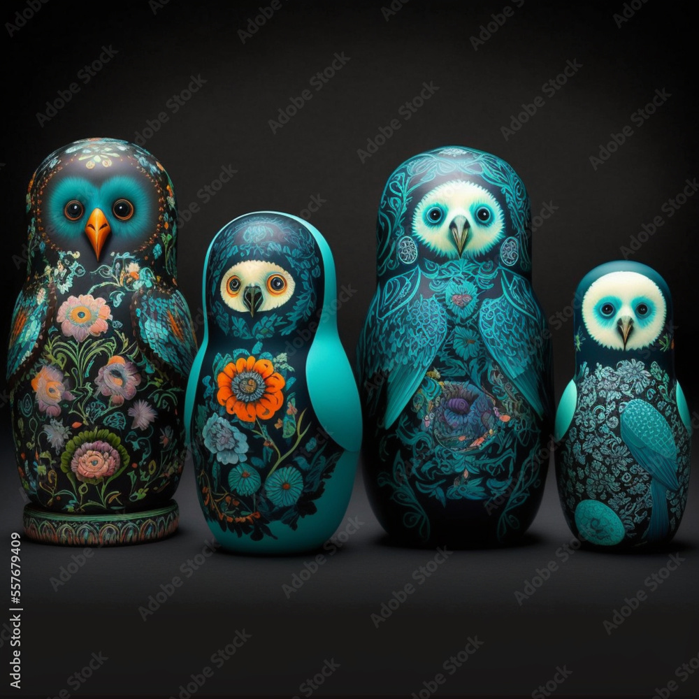 Wall mural Ornamental Matryoshka Russian Dolls with luminous flourescent patterns