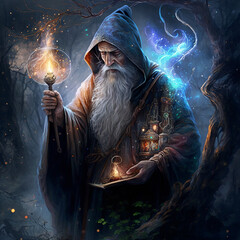 Legendary wizard merlin. A magical and fantasy environment. Created with Generative AI technology.