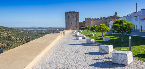 Panorama of the cobblestoned road leading to the castle in Elvas, Portugal