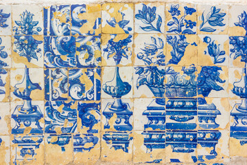 Old traditional azulejo tiles on a historic house in Elvas, Portugal