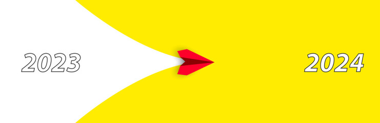 Red airplane flying from Year 2023 to Year 2024.Business creativity new idea discovery innovation technology.New year idea concept.