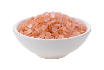 Fototapeta na wymiar Himalayan salt raw crystals in white bowl Isolated on transparent png