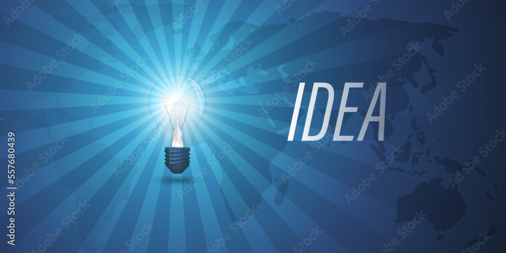Poster blue glowing radiating light bulb,ideas,creativity concept design template with copy space - dark wo