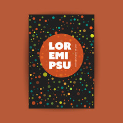 Dark Flyer or Cover Design for Your Business with Colorful Spotted Pattern and Round Label with Copyspace, Place, Room for Your Text - Vector Illustration