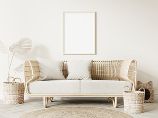 Frame and poster mockup in Boho style interior. 3d rendering, 3d illustration