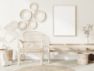 Frame and poster mockup in Boho style interior. 3d rendering, 3d illustration