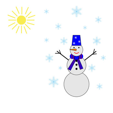 Vector image of winter, snowman, yellow sun, blue snowflakes on a white background. Graphic design.