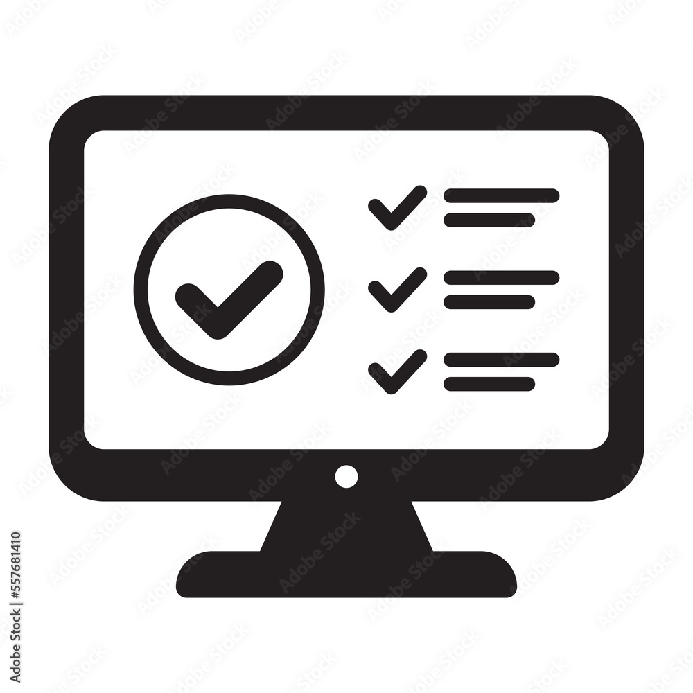 Aufkleber computer monitor with check list and ok tick on it. flat vector simple icon isolated. web shopping i
