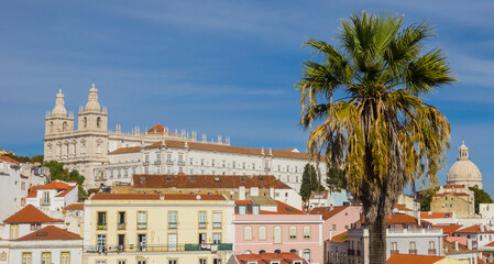 Fototapeta na wymiar Panorama of a palm tree and the Church of Sao Vicente de Fora in Lisbon, Portugal