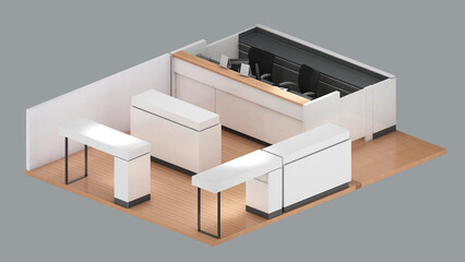 Isometric view of a  mobile shop,counter shop and cabinet, 3d rendering.