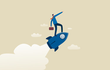 Career start or growth. .Ambition for success. Launch new work, job, startup project concept. Businessman with a rocket rising.