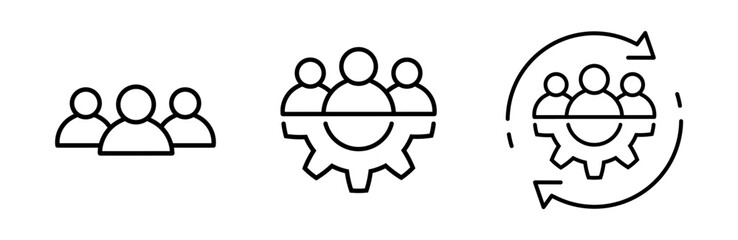 Teamwork thin line icon set in flat style. Team and gear symbol with arrows isolated on white. Leadership concept Vector group of people icon Simple teamwork abstract icon in black Vector illustration