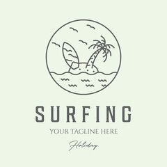 surfing line art logo design icon minimalist illustration palm tree badge