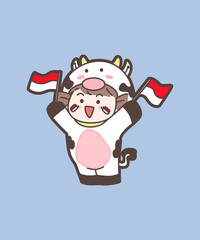 cute cow girl holding indonesian flag cartoon vector icon illustration