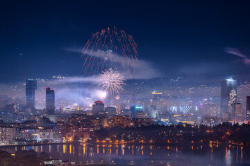 Albania Tirana city new year fireworks - obrazy, fototapety, plakaty