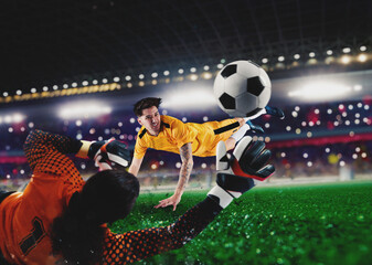 Goalkeeper parries a ball thrown by an attacker at the soccer stadium