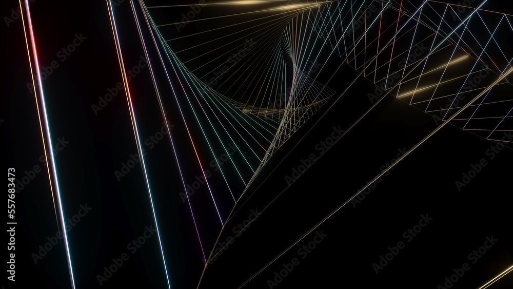 Poster abstract image of swirling golden double triangle lines on black background.,abstract line movement,