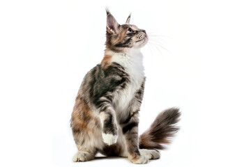 A big maine coon kitten in studio on white background, isolated.