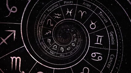 Zodiac astrology signs for horoscope, infinite zoom and tunnel effect on black and white. Good for birth chart or natal chart, future, tarot, prediction. Looped animation background. - Powered by Adobe
