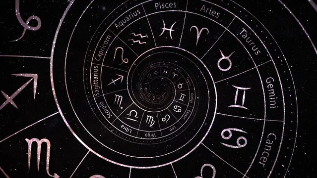 Zodiac astrology signs for horoscope, infinite zoom and tunnel effect on black and white. Good for birth chart or natal chart, future, tarot, prediction. Looped animation background.