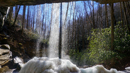 A scenic winter view of Moore Cove Falls in Pisgah National Forest, North Carolina.