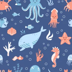 Papier Peint photo Vie marine Vector seamless marine pattern. Sea animals on dark blue background. Pattern with whale, octopus, sea crab, starfish, jellyfish and other fishes in flat design. Childish background.
