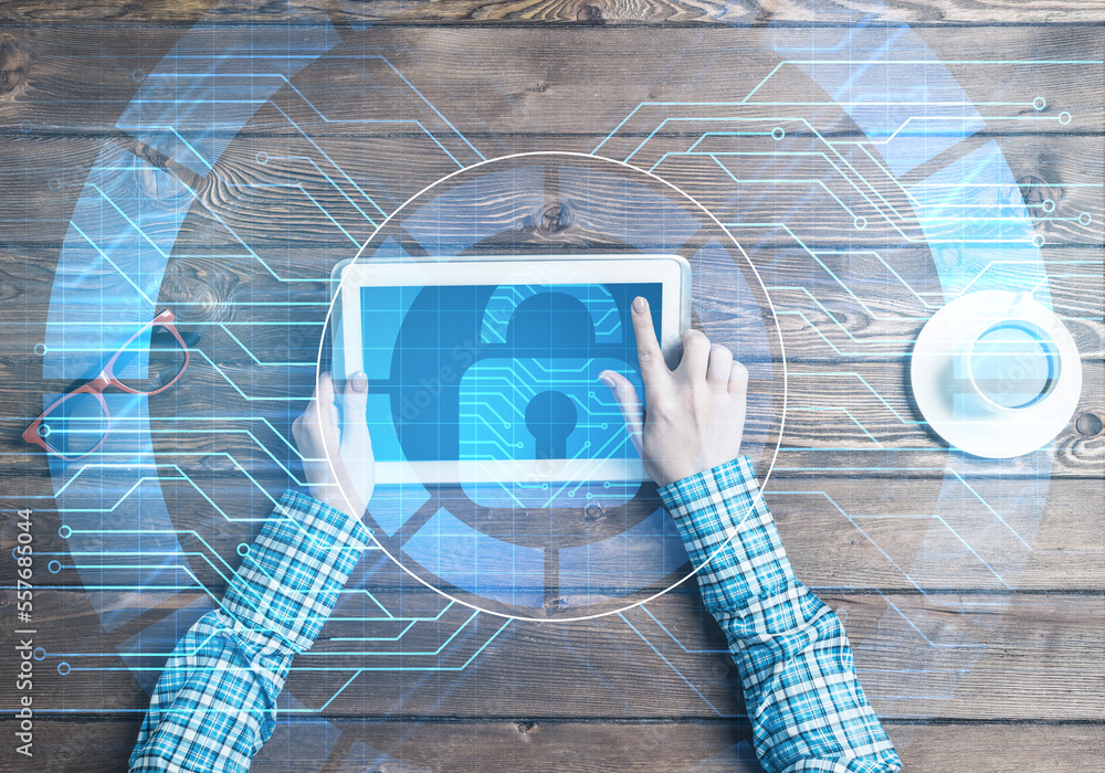 Poster concept of computer access with media lock icon on tablet screen