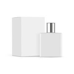 Square Perfume Bottle Mock Up With Packaging Box, Isolated on White Background. Vector Illustration