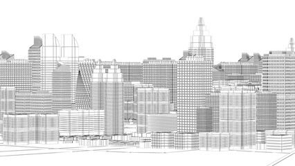 Obraz premium Wireframe Cityscape,Low-polygon cities and buildings,In the city's business district, a tall structure There are rivers and roads.,3d rendering