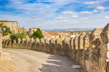 Battlements at the street overlooking the old town of Trujillo, Spain