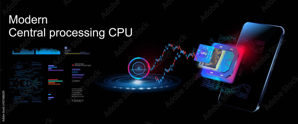 Poster powerful new generation stream processor on futuristic background. microprocessor with mobile phone.