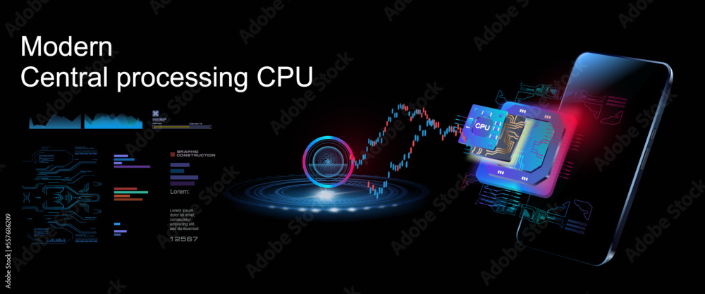 Poster powerful new generation stream processor on futuristic background. microprocessor with mobile phone.
