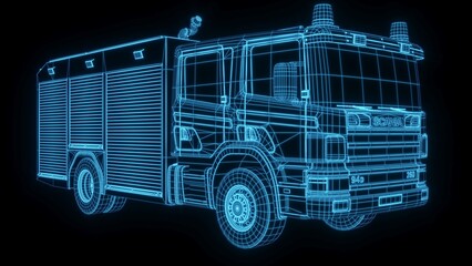 3d rendering illustration fire truck Fire engine blueprint glowing neon hologram futuristic show technology security danger emergency for premium product business finance  