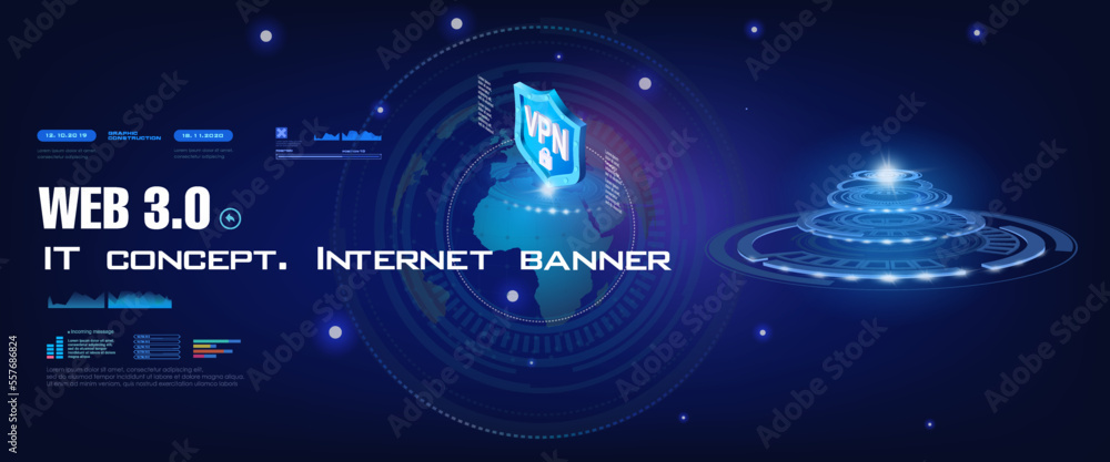 Poster web 3.0 it. cyber banner with hud elements. internet next generation. unique internet network intern