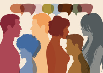 Talk and share ideas with a group of multi-ethnic people. It's all about community, speaking and socialising. Having a dialogue and informing each other. Diversity people. 