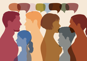 People of different ethnicities communicating. Talk about globalisation and discussion. An interactive speech bubble and dialogue group with diverse participants. 
