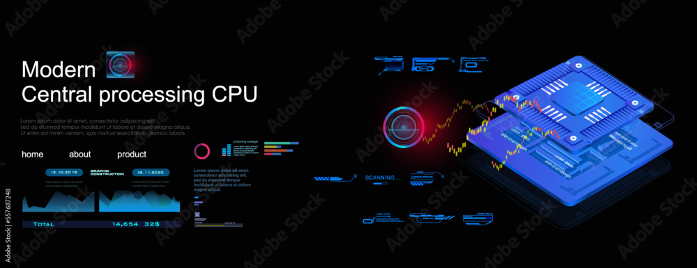 Poster advertisement new generation processor for computer. cyber background with powerful processor. devel