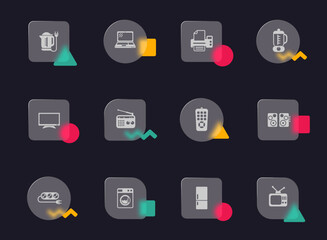 home appliances glass morphism trendy style icons. home appliances transparent glass vector icons with color memphis figures. for web and ui design, mobile apps and promo business advertising