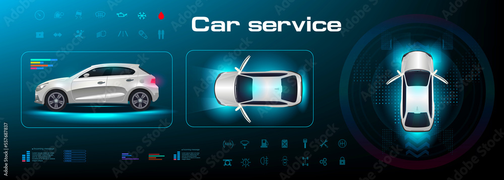 Poster automotive user interface. autonomous vehicle control system. car with parameters and characteristic